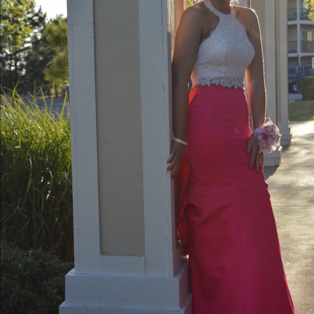 pink and white sequin 2 piece mermaid prom dress